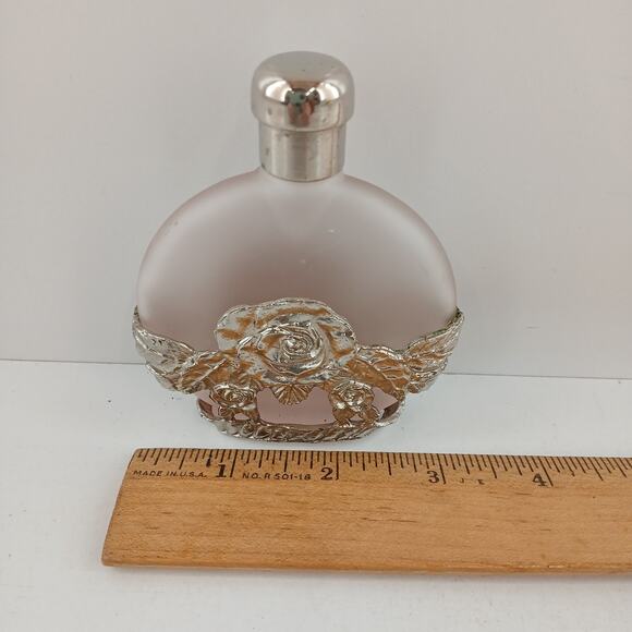 Vintage Silvestri Pink Frosted Glass & Pewter Rose Perfume Bottle 3.75" - Empty - Picture 10 of 10